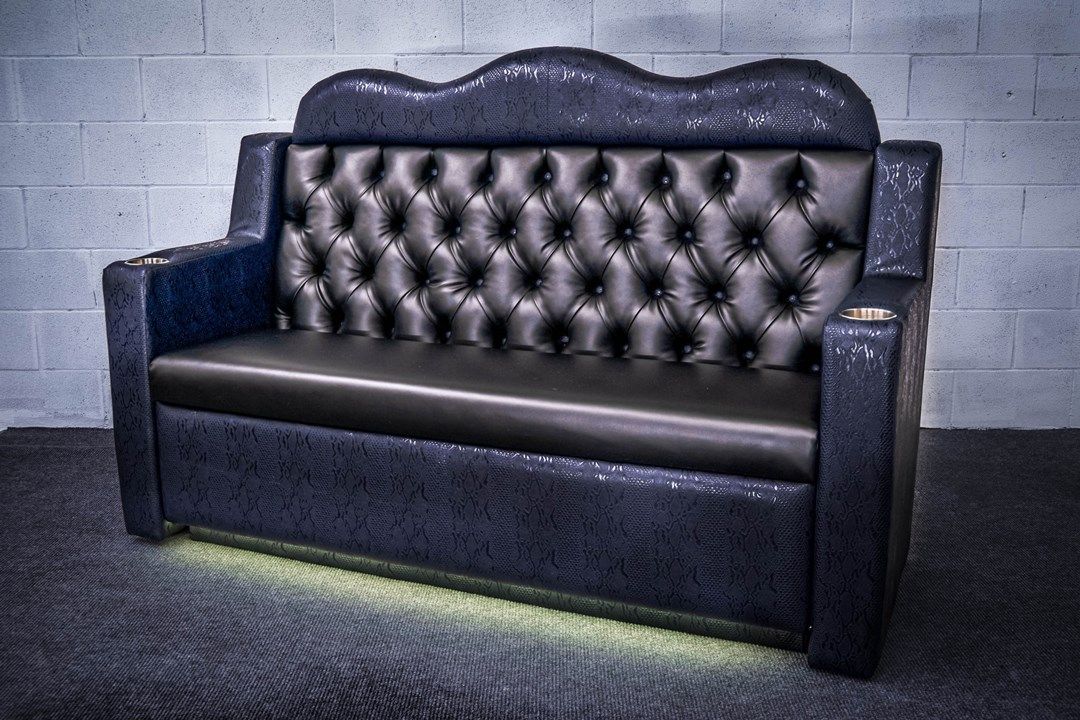 VIP nightclub couch with led light in blue crock skin and black vinyl
